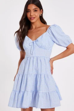 Quiz Blue Gingham Puff Sleeve Dress Clearance