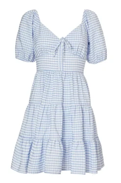 Quiz Blue Gingham Puff Sleeve Dress Clearance
