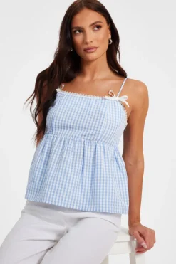 Quiz Blue Gingham Strappy Peplum Top Sale