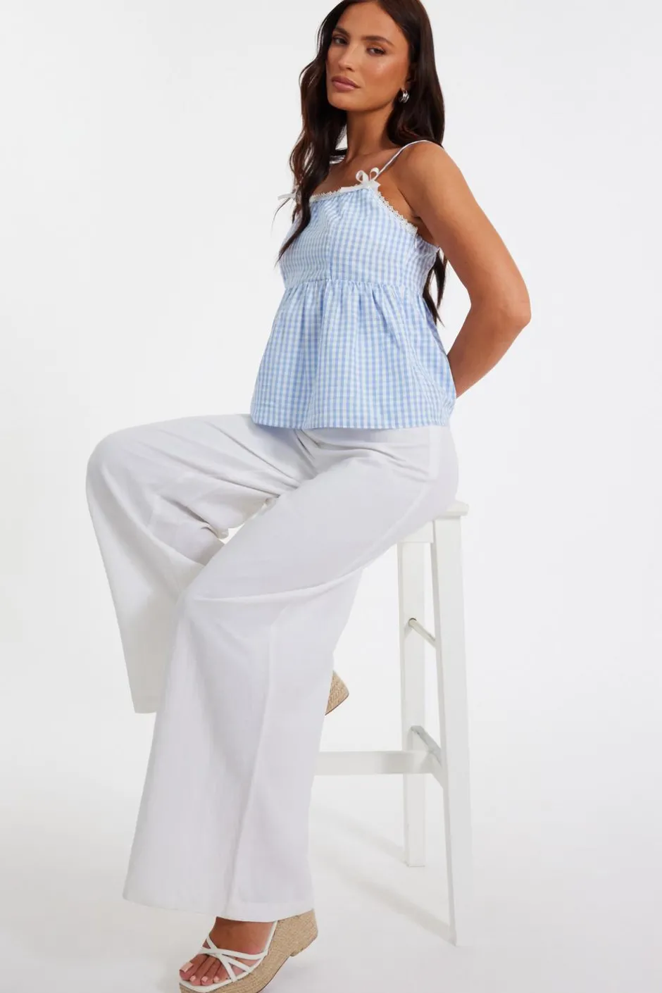Quiz Blue Gingham Strappy Peplum Top Sale