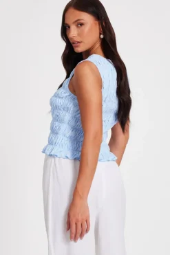 Quiz Jacquard Gathered Top Blue Clearance