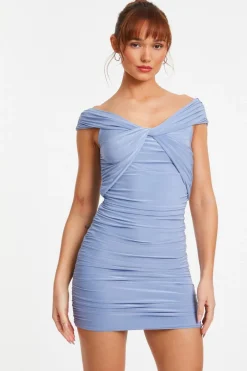 Quiz Blue Knot Front Bardot Bodycon Mini Dress Outlet