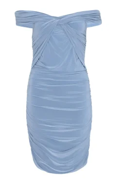 Quiz Blue Knot Front Bardot Bodycon Mini Dress Outlet
