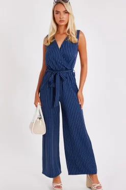 Quiz Linen Striped Jumpsuit Blue New