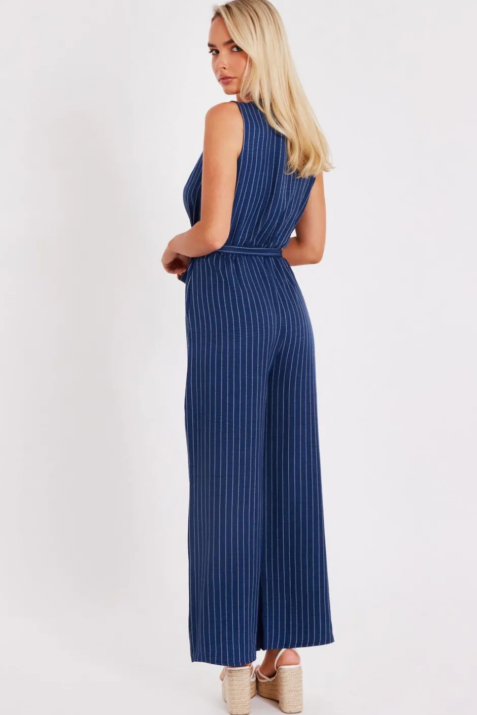 Quiz Linen Striped Jumpsuit Blue New