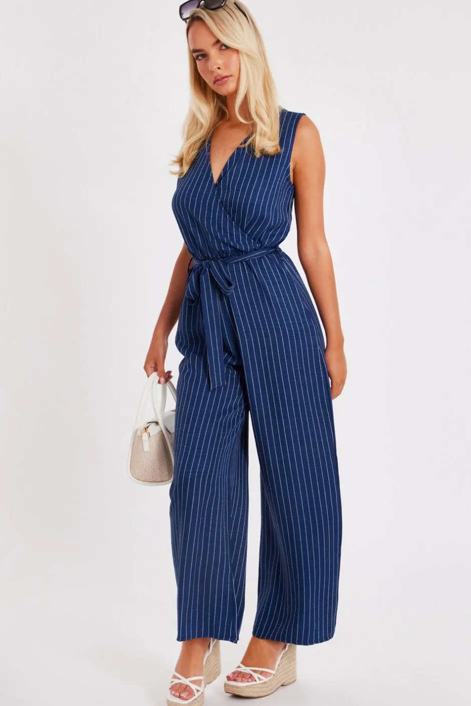 Quiz Linen Striped Jumpsuit Blue New