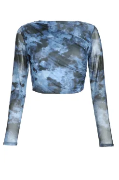 Quiz Blue Marble Print Mesh Crop Top Hot