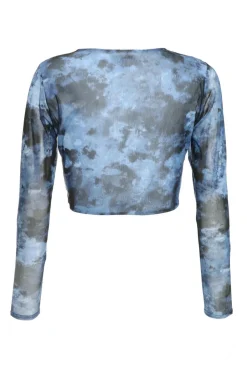 Quiz Blue Marble Print Mesh Crop Top Hot