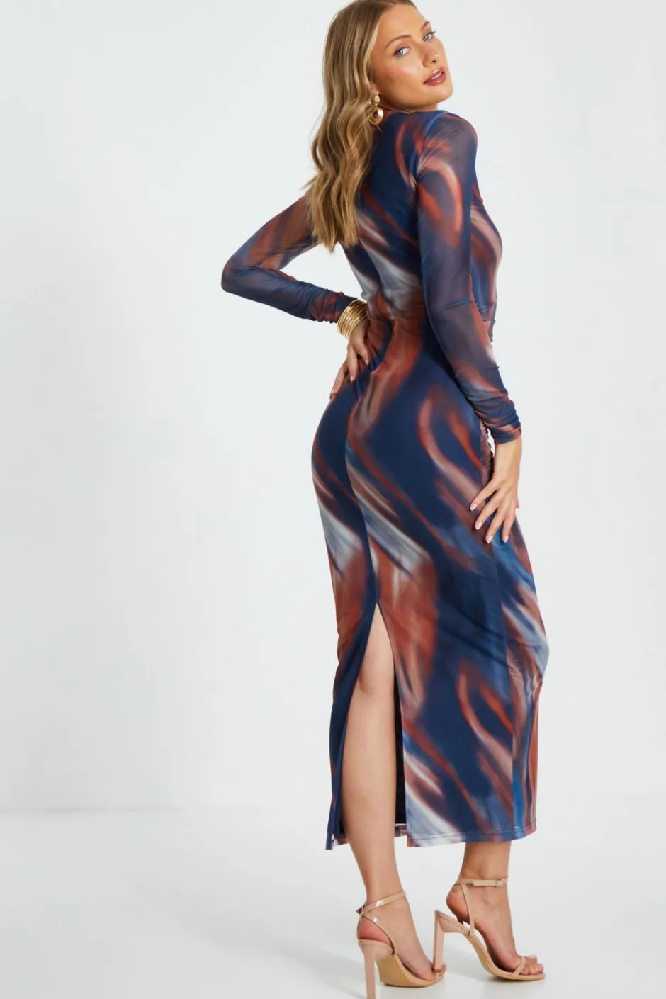 Quiz Blue Marble Print Mesh Midaxi Dress Hot