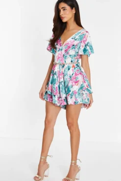 Quiz Blue Marble Print Satin Playsuit Sale