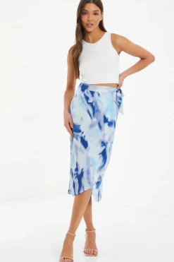 Quiz Blue Marble Print Wrap Midi Skirt Online