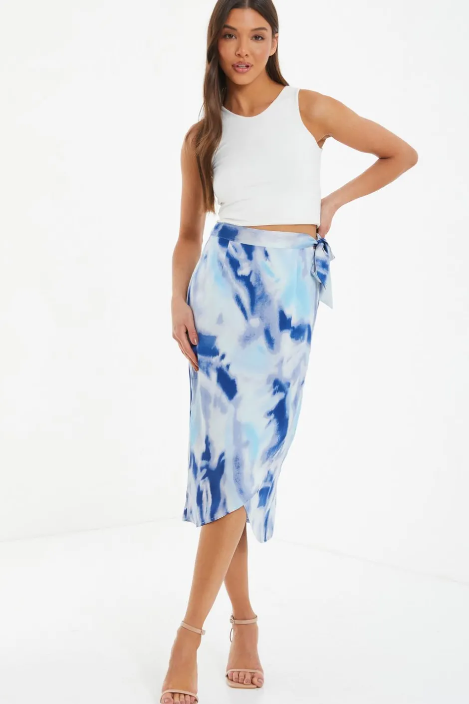 Quiz Blue Marble Print Wrap Midi Skirt Online