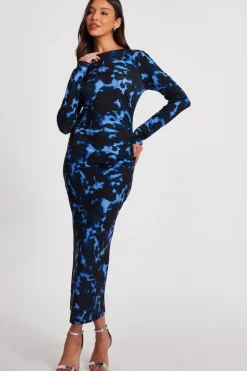 Quiz Blue Marble Ruched Midi Dress New