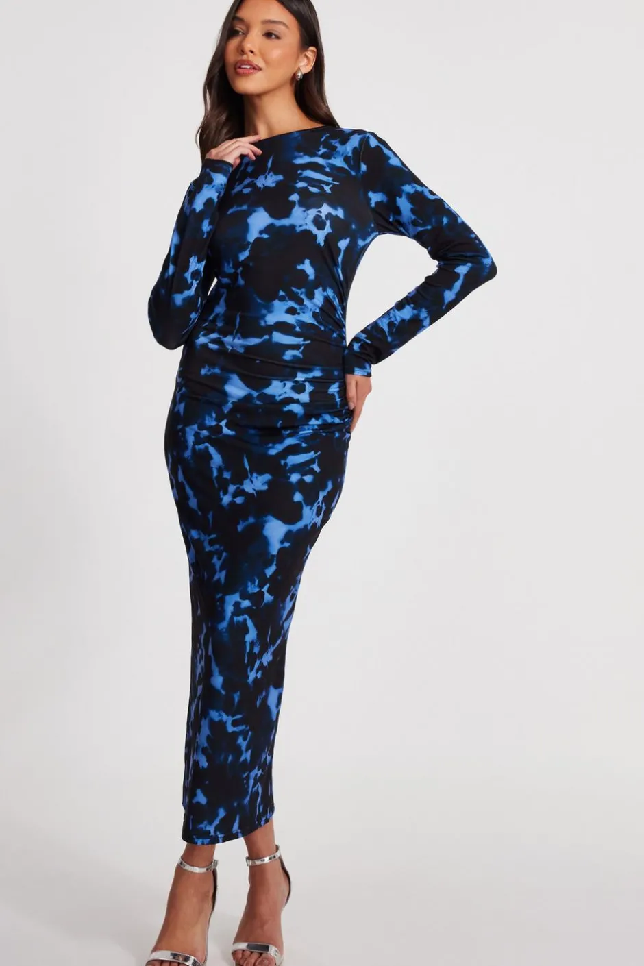 Quiz Blue Marble Ruched Midi Dress New