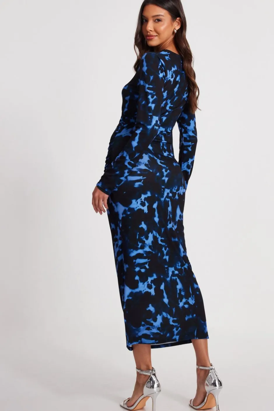 Quiz Blue Marble Ruched Midi Dress New