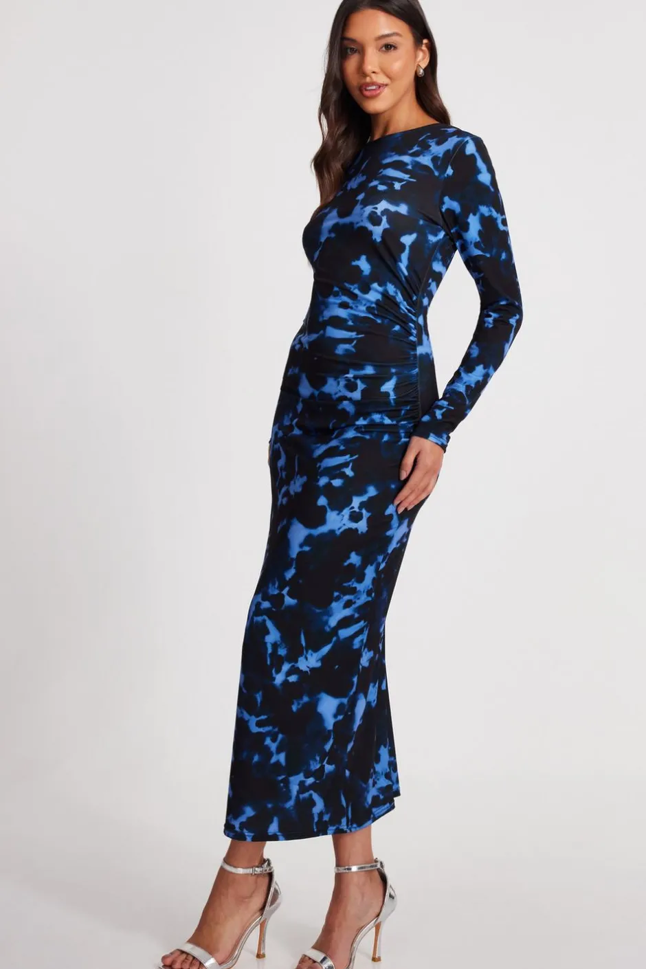 Quiz Blue Marble Ruched Midi Dress New
