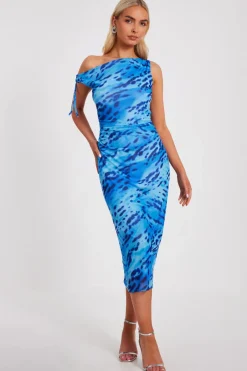Quiz Blue Mesh Animal Print Midi Dress New