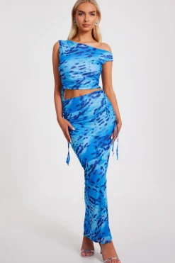 Quiz Blue Mesh Animal Print Midaxi Skirt Sale