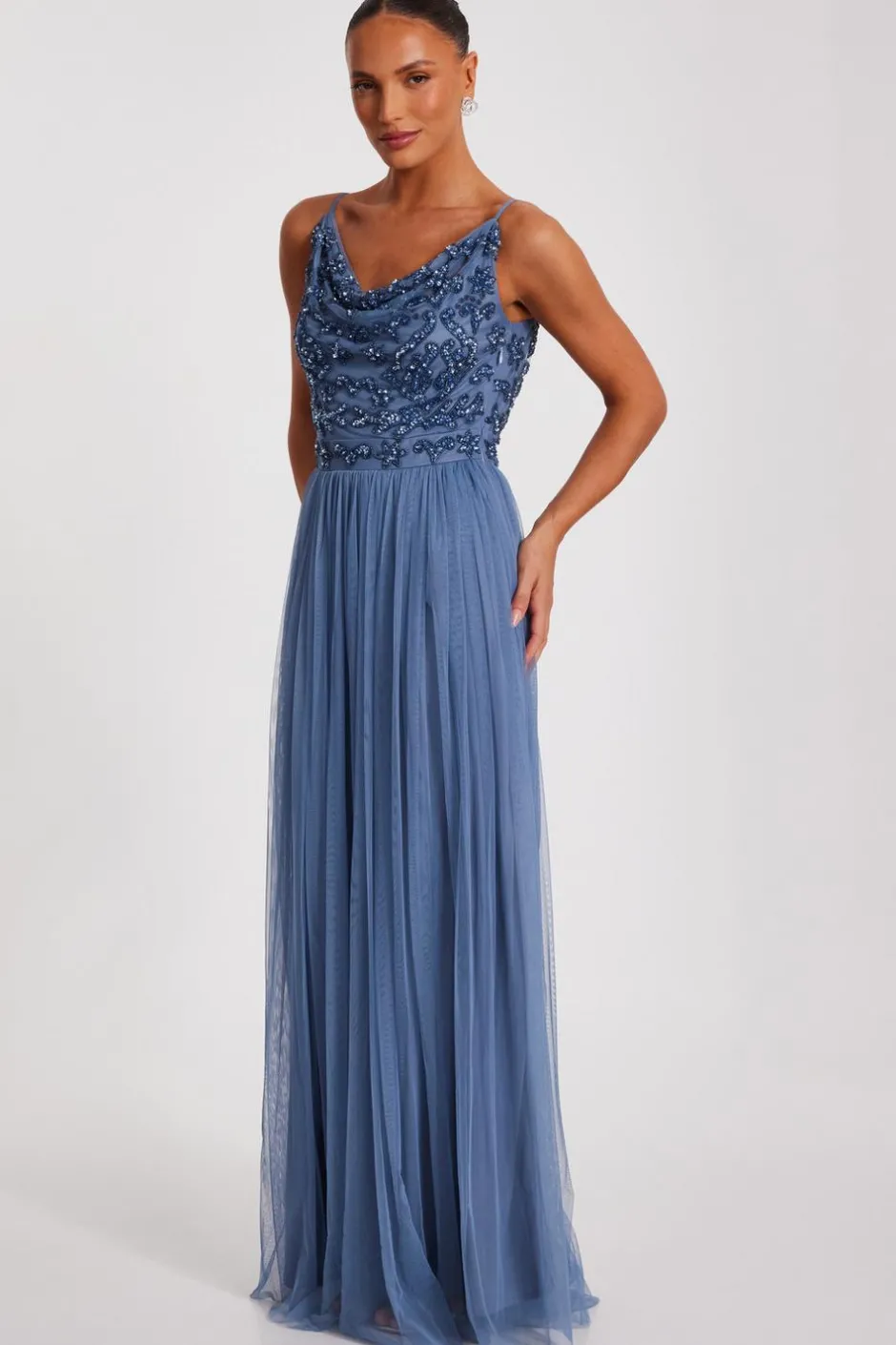 Quiz Blue Mesh Beaded Maxi Dress Online