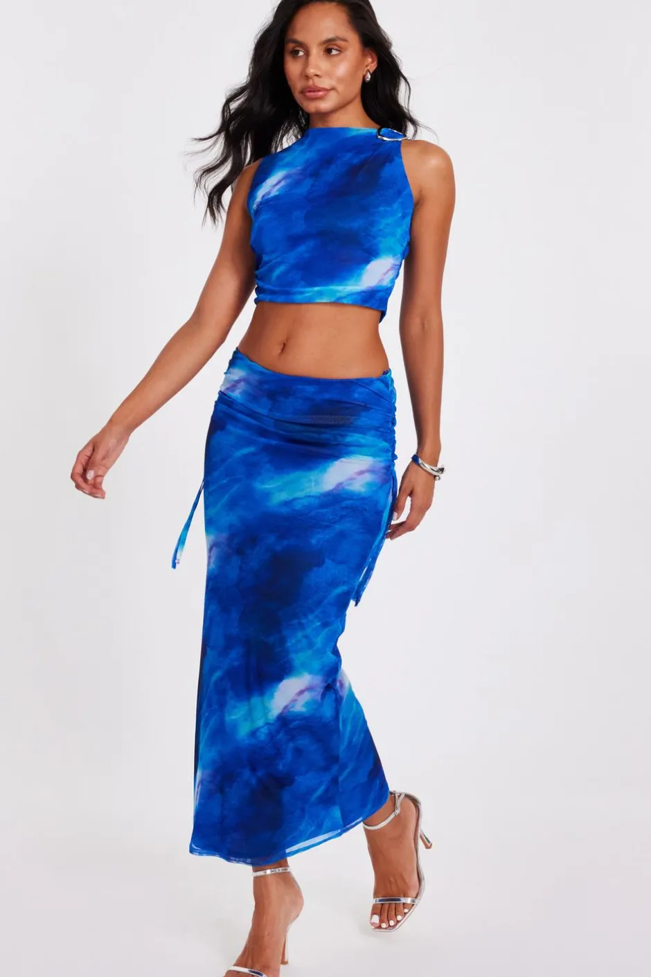 Quiz Blue Mesh Marble Crop Top Online
