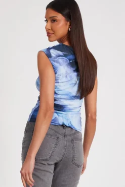 Quiz Blue Mesh Tie Dye Crop Top Sale