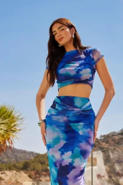 Quiz Blue Mesh Tie Dye Print Crop Top Best