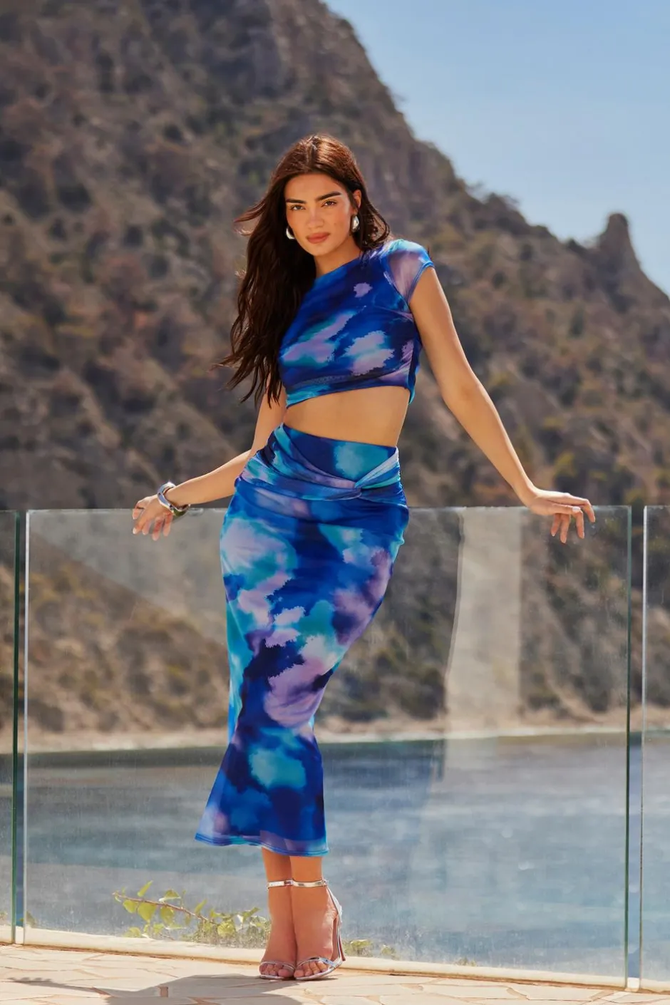Quiz Blue Mesh Tie Dye Print Midaxi Skirt