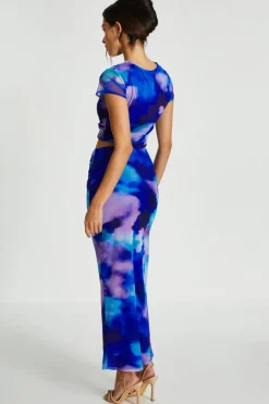 Quiz Blue Mesh Tie Dye Print Midaxi Skirt
