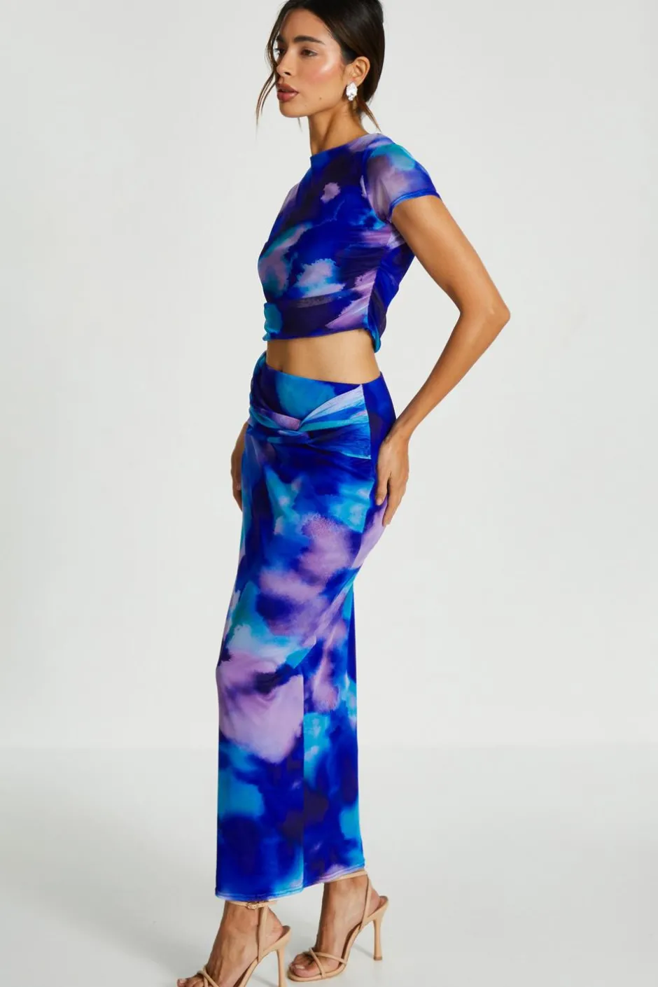 Quiz Blue Mesh Tie Dye Print Midaxi Skirt