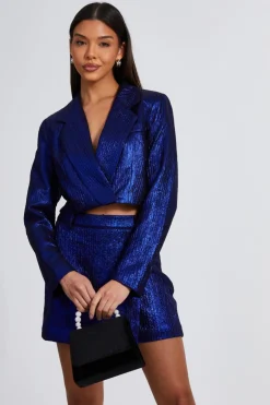 Quiz Blue Metallic Cropped Blazer Online