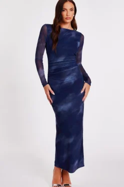 Quiz Blue Printed Long Sleeve Midaxi Dress