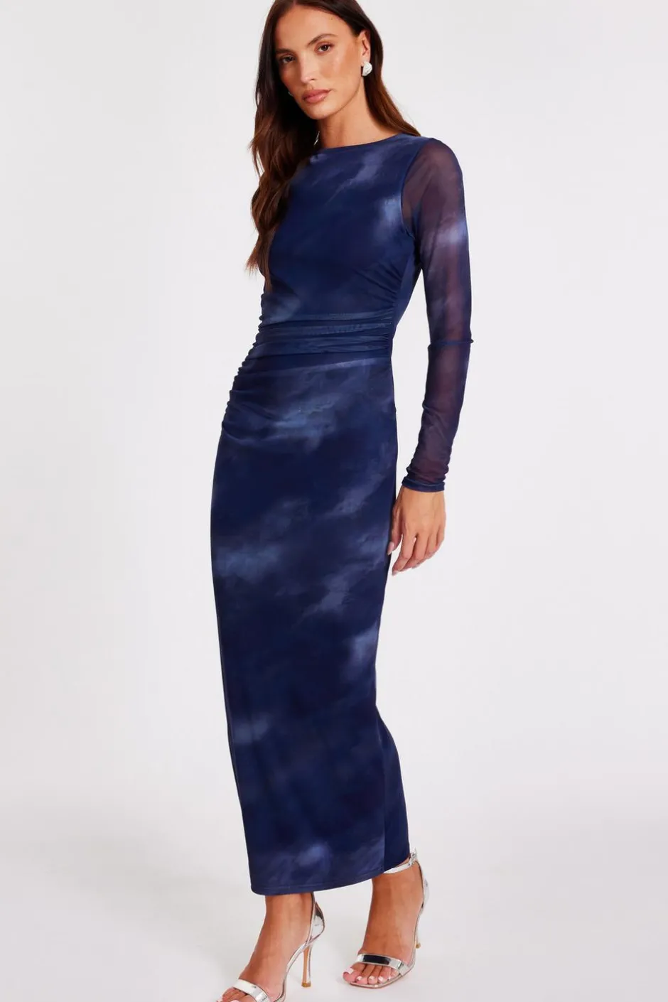 Quiz Blue Printed Long Sleeve Midaxi Dress