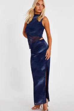 Quiz Printed Mesh Maxi Skirt Blue New