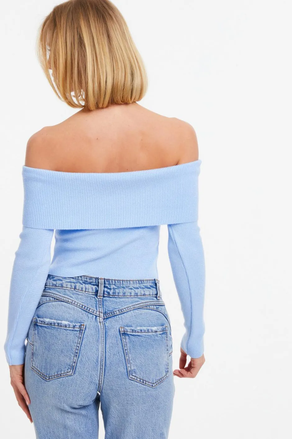 Quiz Blue Ribbed Bardot Jumper Light Blue Sale