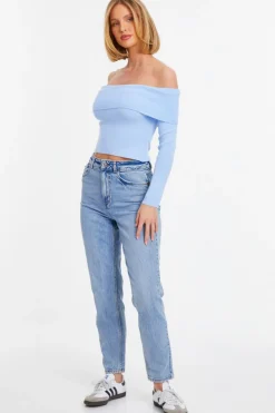 Quiz Blue Ribbed Bardot Jumper Light Blue Sale