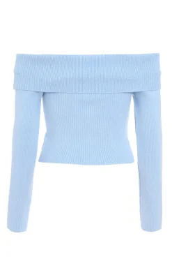 Quiz Blue Ribbed Bardot Jumper Light Blue Sale