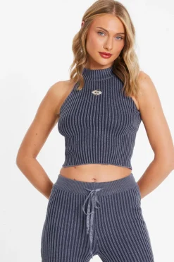 Quiz Ribbed Racer Top Blue