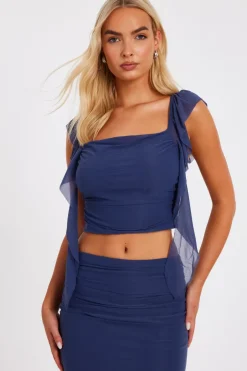 Quiz Blue Ruffle Detail Crop Top Discount