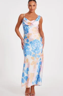 Quiz Blue Satin Floral Midaxi Dress Clearance