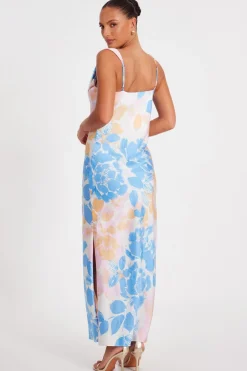 Quiz Blue Satin Floral Midaxi Dress Clearance