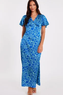 Quiz Blue Satin Floral Midaxi Dress New