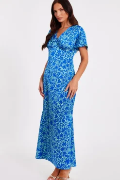 Quiz Blue Satin Floral Midaxi Dress New