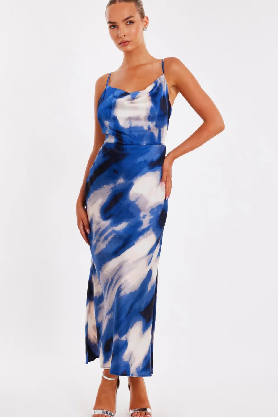 Quiz Blue Satin Marble Midaxi Dress Clearance