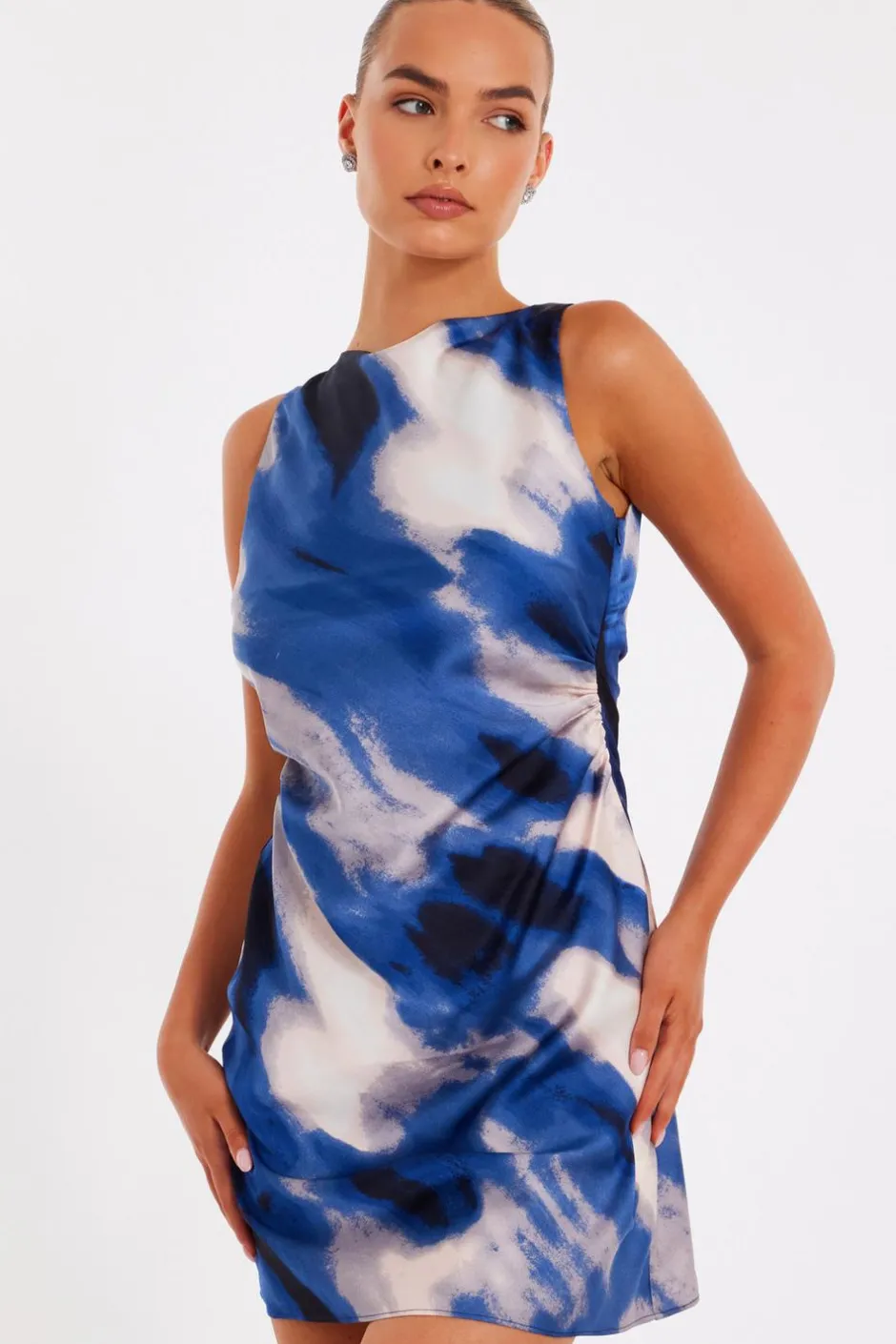 Quiz Blue Satin Marble Mini Dress Clearance