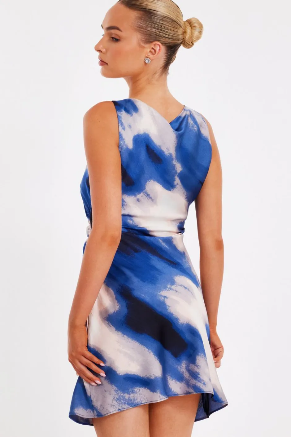 Quiz Blue Satin Marble Mini Dress Clearance