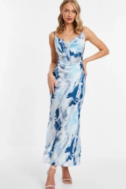 Quiz Blue Satin Marble Print Midi Dress Online