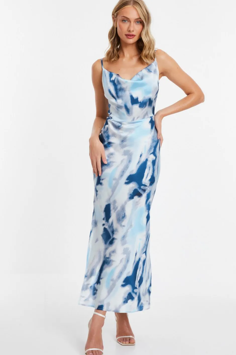 Quiz Blue Satin Marble Print Midi Dress Online