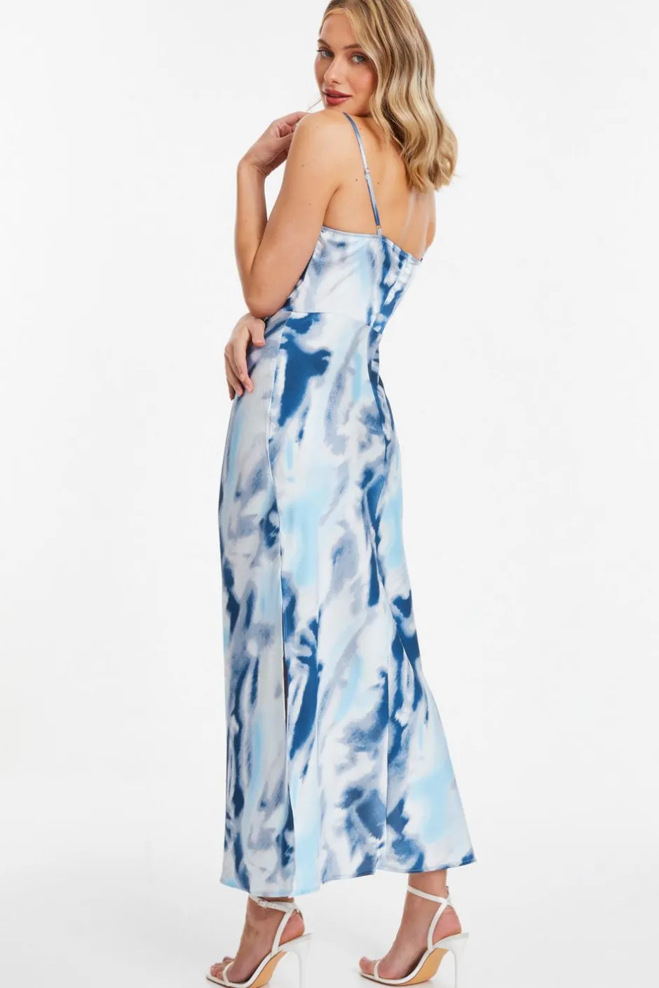 Quiz Blue Satin Marble Print Midi Dress Online