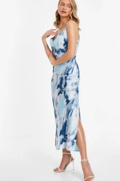 Quiz Blue Satin Marble Print Midi Dress Online