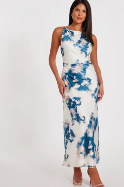 Quiz Blue Satin Marble Print Midaxi Dress Clearance